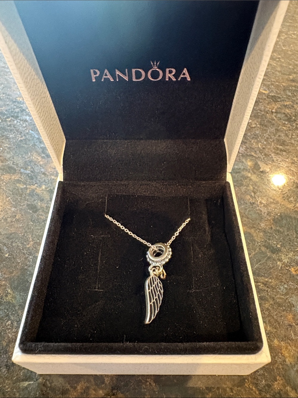 Pandora Silver Angel Wing Necklace with Ring Accent - Silver NEW in BOX
